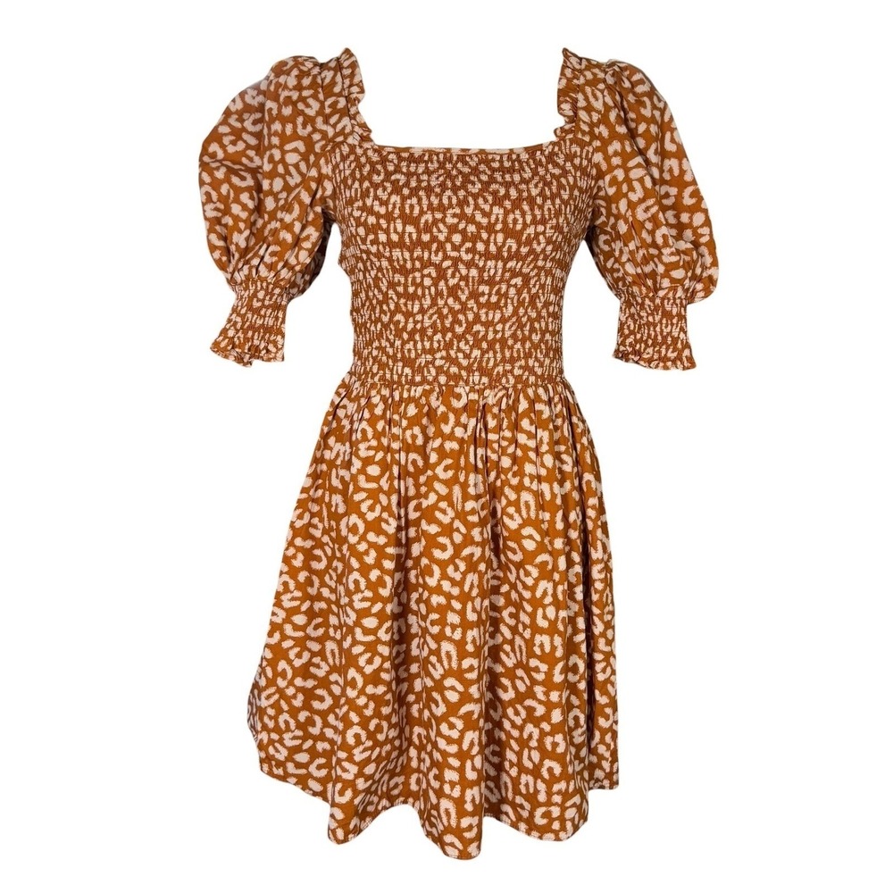 MSK Leopard Smocked Puff Sleeve Mini Dress S Caramel Cottagecore Coquette  EUC